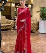 Red embroidery work shimmer chiffon saree with unstitched blouse