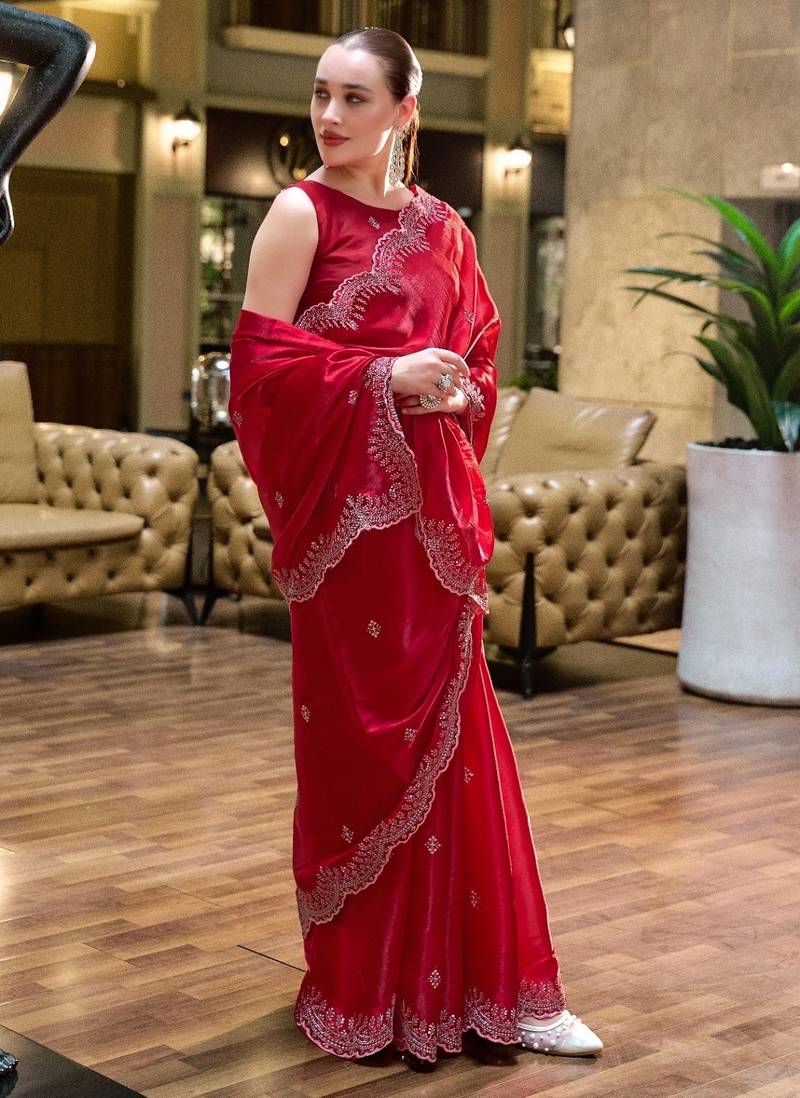 Red embroidery work shimmer chiffon saree with unstitched blouse