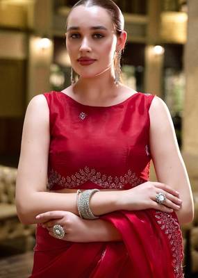Red embroidery work shimmer chiffon saree with unstitched blouse 5