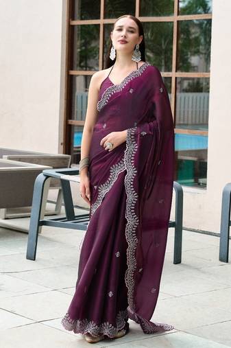 Wine embroidery work shimmer chiffon saree with unstitched blouse