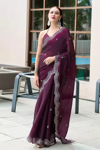 Wine embroidery work shimmer chiffon saree with unstitched blouse