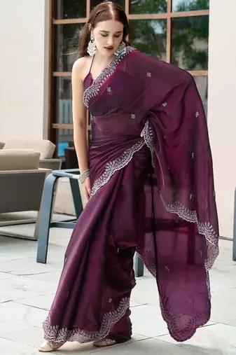 Wine embroidery work shimmer chiffon saree with unstitched blouse