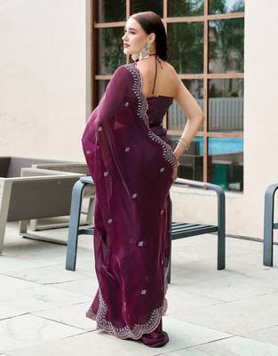Wine embroidery work shimmer chiffon saree with unstitched blouse 4