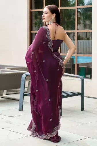 Wine embroidery work shimmer chiffon saree with unstitched blouse