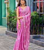 Baby pink embroidery work shimmer chiffon saree with unstitched blouse