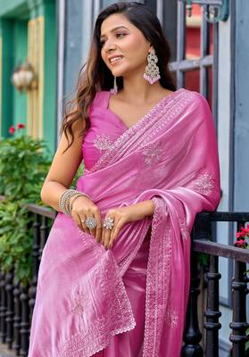 Baby pink embroidery work shimmer chiffon saree with unstitched blouse 2