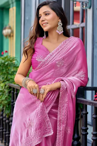 Baby pink embroidery work shimmer chiffon saree with unstitched blouse