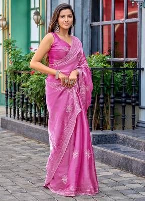 Baby pink embroidery work shimmer chiffon saree with unstitched blouse 3