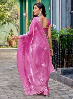 Baby pink embroidery work shimmer chiffon saree with unstitched blouse 4