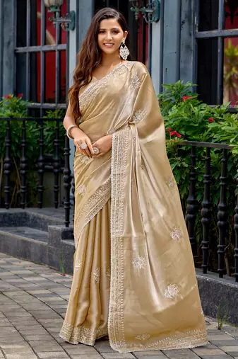 Beige embroidery work shimmer chiffon saree with unstitched blouse