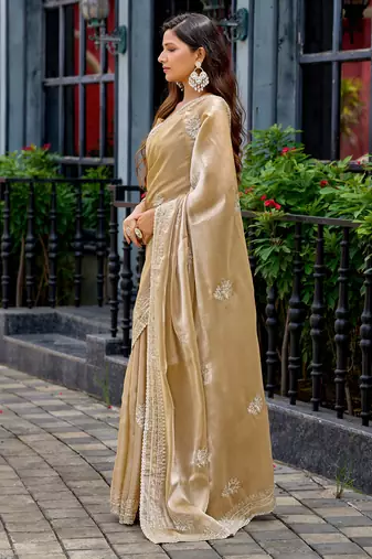 Beige embroidery work shimmer chiffon saree with unstitched blouse
