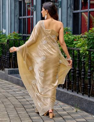Beige embroidery work shimmer chiffon saree with unstitched blouse 4