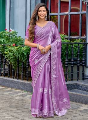 Lavender embroidery work shimmer chiffon saree with unstitched blouse 1