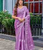 Lavender embroidery work shimmer chiffon saree with unstitched blouse
