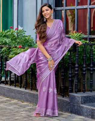 Lavender embroidery work shimmer chiffon saree with unstitched blouse 3