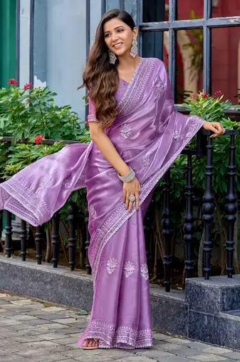 Lavender embroidery work shimmer chiffon saree with unstitched blouse