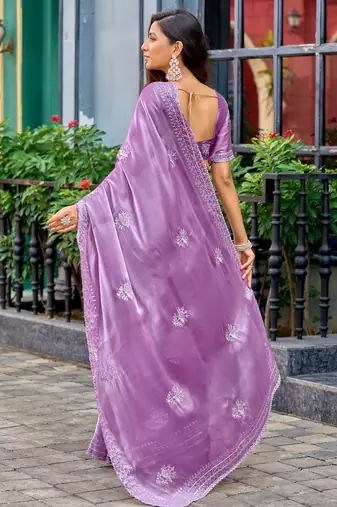 Lavender embroidery work shimmer chiffon saree with unstitched blouse