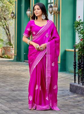 Pink embroidery work shimmer chiffon saree with unstitched blouse 1