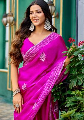 Pink embroidery work shimmer chiffon saree with unstitched blouse 2