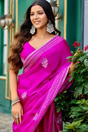 Pink embroidery work shimmer chiffon saree with unstitched blouse