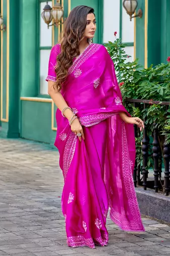 Pink embroidery work shimmer chiffon saree with unstitched blouse