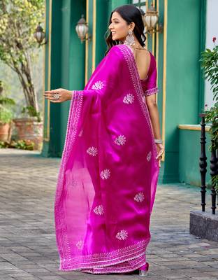 Pink embroidery work shimmer chiffon saree with unstitched blouse 4