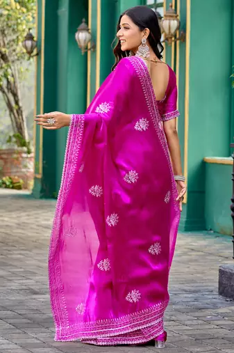 Pink embroidery work shimmer chiffon saree with unstitched blouse
