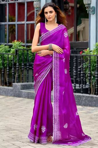 Purple embroidery work shimmer chiffon saree with unstitched blouse