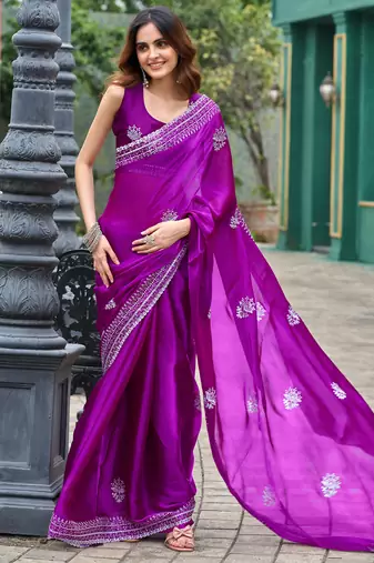 Purple embroidery work shimmer chiffon saree with unstitched blouse