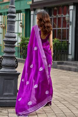 Purple embroidery work shimmer chiffon saree with unstitched blouse 4