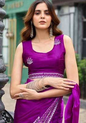 Purple embroidery work shimmer chiffon saree with unstitched blouse 5