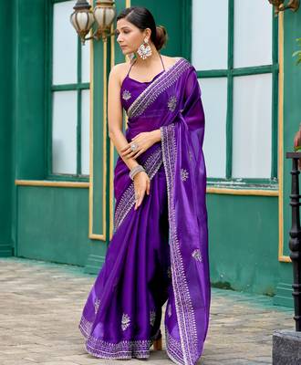 Purple-blue embroidery work shimmer chiffon saree with unstitched blouse 1