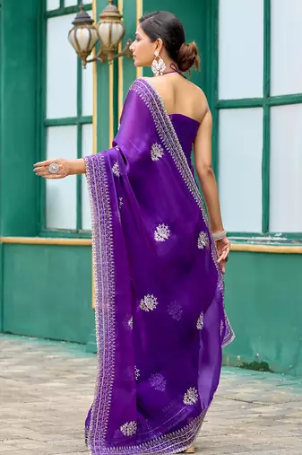 Purple-blue embroidery work shimmer chiffon saree with unstitched blouse