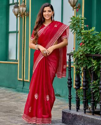 Red embroidery work shimmer chiffon saree with unstitched blouse 1