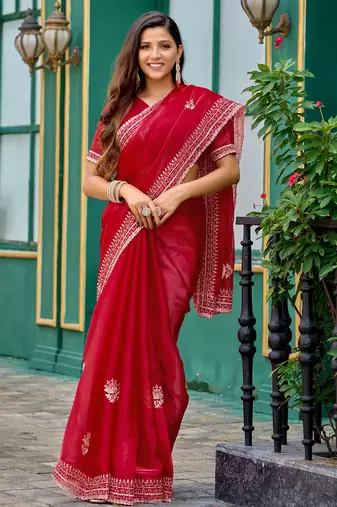 Red embroidery work shimmer chiffon saree with unstitched blouse