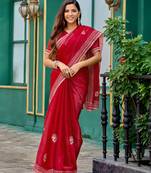 Red embroidery work shimmer chiffon saree with unstitched blouse