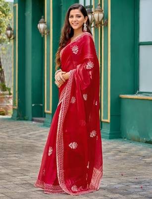 Red embroidery work shimmer chiffon saree with unstitched blouse 3