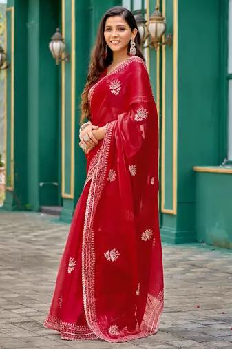 Red embroidery work shimmer chiffon saree with unstitched blouse