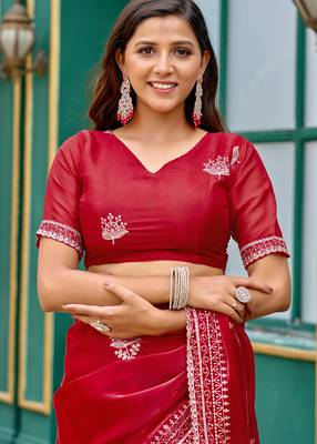 Red embroidery work shimmer chiffon saree with unstitched blouse 5