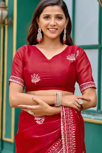 Red embroidery work shimmer chiffon saree with unstitched blouse