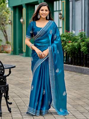 Sea blue embroidery work shimmer chiffon saree with unstitched blouse 1