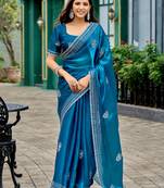 Sea blue embroidery work shimmer chiffon saree with unstitched blouse