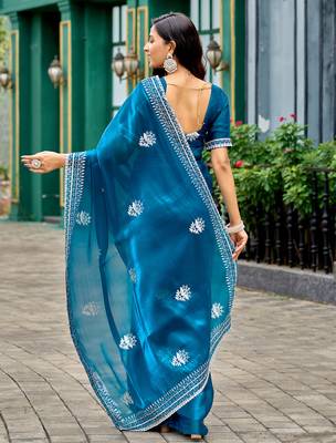 Sea blue embroidery work shimmer chiffon saree with unstitched blouse 4