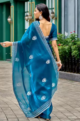 Sea blue embroidery work shimmer chiffon saree with unstitched blouse