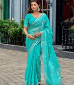 Turquoise embroidery work shimmer chiffon saree with unstitched blouse