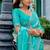 Turquoise embroidery work shimmer chiffon saree with unstitched blouse