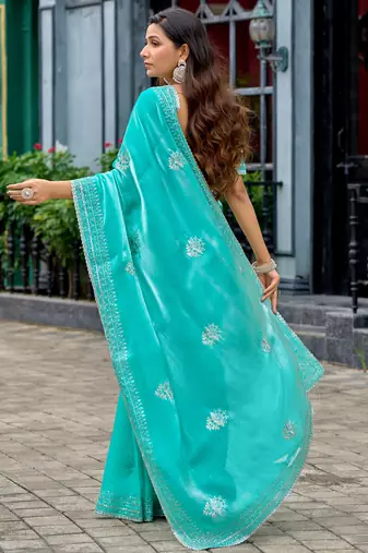 Turquoise embroidery work shimmer chiffon saree with unstitched blouse