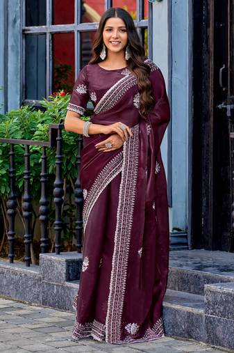 Wine embroidery work shimmer chiffon saree with unstitched blouse