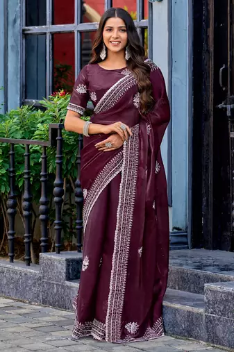 Wine embroidery work shimmer chiffon saree with unstitched blouse
