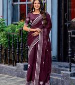 Wine embroidery work shimmer chiffon saree with unstitched blouse